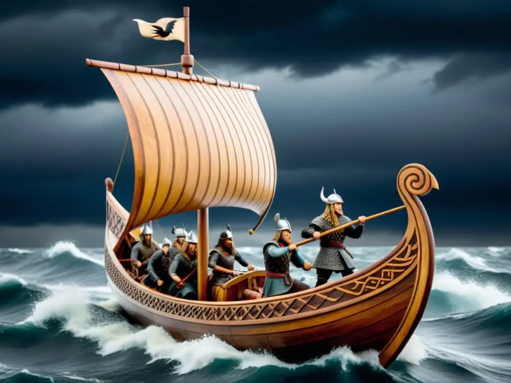 Escultura detallada de un barco vikingo surcando mares turbulentos bajo un cielo tormentoso, con guerreros remando y un cuervo en el mástil