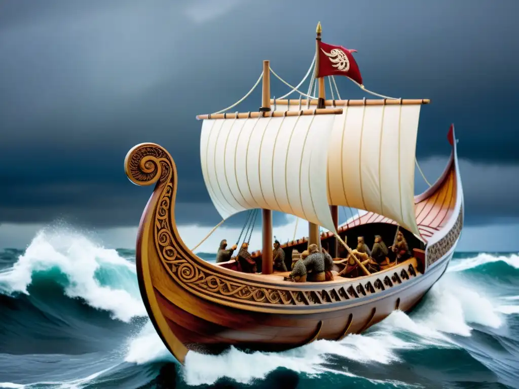 Escultura de madera de un drakkar vikingo en alta mar Escultura detallada de un drakkar vikingo en mares turbulentos, destacando el comercio de madera en era vikinga