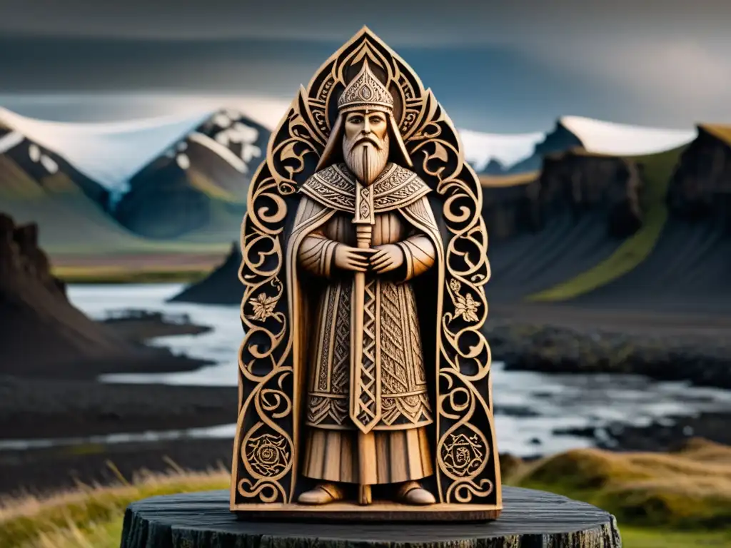 Escultura de madera detallada de Hrafnkell Freysgoði, figura poderosa de la antigua religión islandesa, con paisaje y símbolos