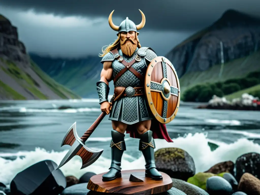 Escultura en madera: Guerrero vikingo en fiordo nórdico Escultura de madera detallada de un guerrero vikingo en un fiordo nórdico tormentoso, reflejando la filosofía vikinga legado actualidad