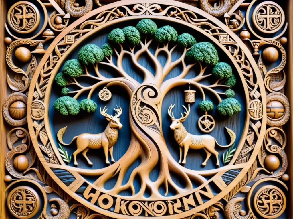 Escultura de madera: Mitología Nórdica y Batallas Épicas Escultura en madera detallada de la mitología nórdica con Odin, Thor y la Serpiente del Mundo en Yggdrasil