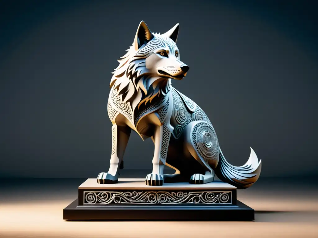 Escultura moderna del lobo Fenrir con simbolismo en psique