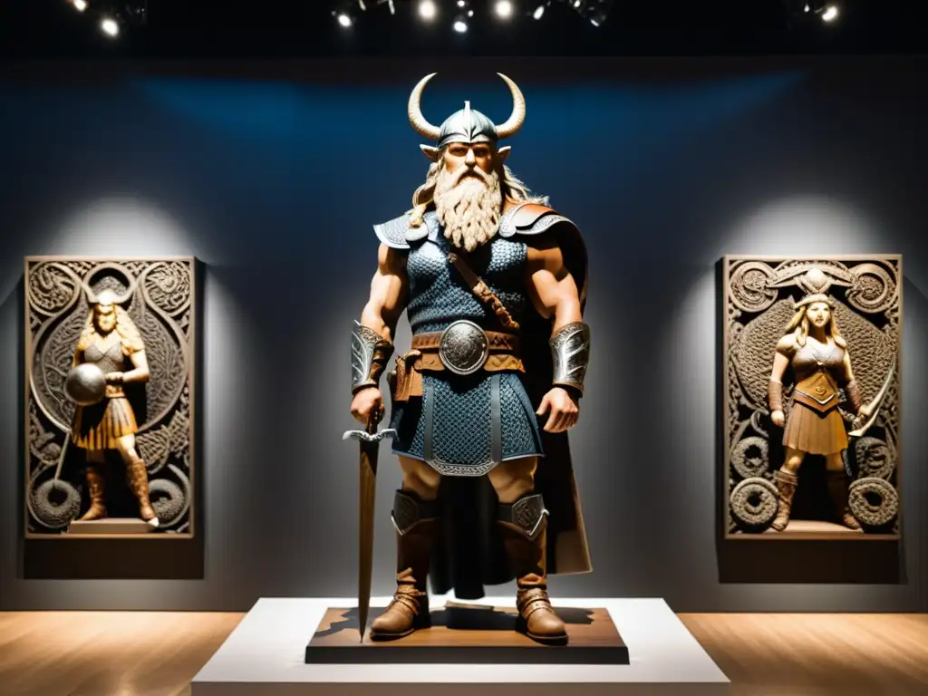 Esculturas colosales de dioses vikingos en una exposición de arte contemporáneo, destacando la influencia de la mitología nórdica en el arte moderno