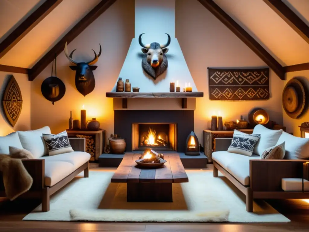 Salón vikingo acogedor con decoración tradicional en alta resolución Espacio acogedor estilo vikingo con mesa de madera, decoración nórdica y chimenea cálida