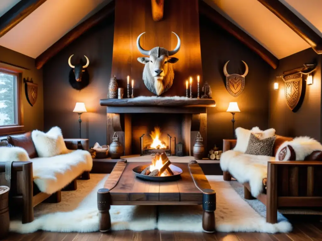 Salón vikingo acogedor con detalles intrincados y ambiente auténtico Espacios acogedores estilo vikingo: Sala con trono de madera tallada, mesa larga, pieles y antorchas