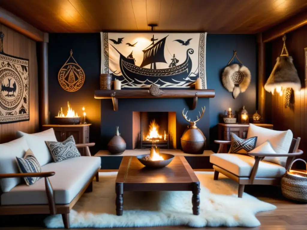 Sala vikinga acogedora con chimenea y decoración nórdica detallada Espacios acogedores estilo vikingo con hoguera, muebles de madera y tapiz de barcos vikingos en sala ambientada con antiguas reliquias