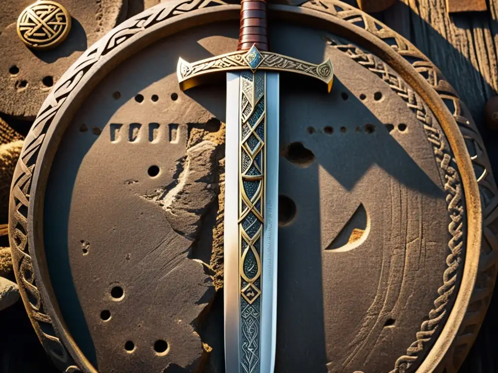 Una espada vikinga exquisitamente adornada descansa sobre escudos antiguos, revelando la historia y diseño de armas y armaduras vikingas