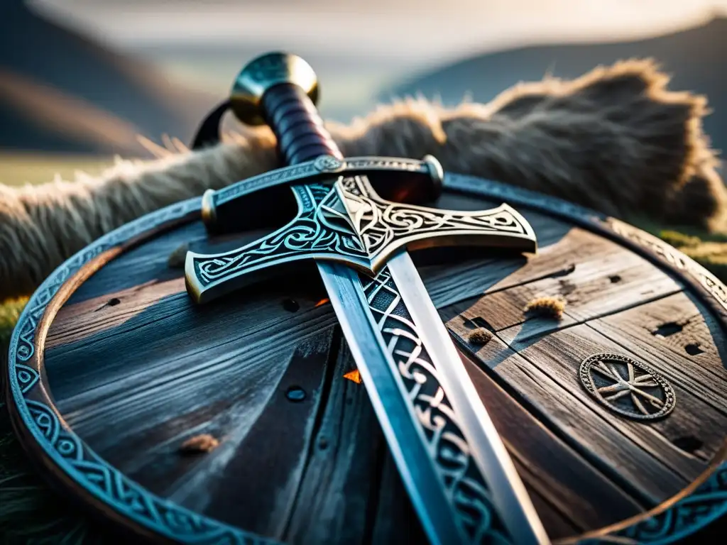 Espada vikinga y escudo: símbolos antiguos en alta resolución Una espada vikinga adornada con símbolos nórdicos descansa sobre un escudo de madera