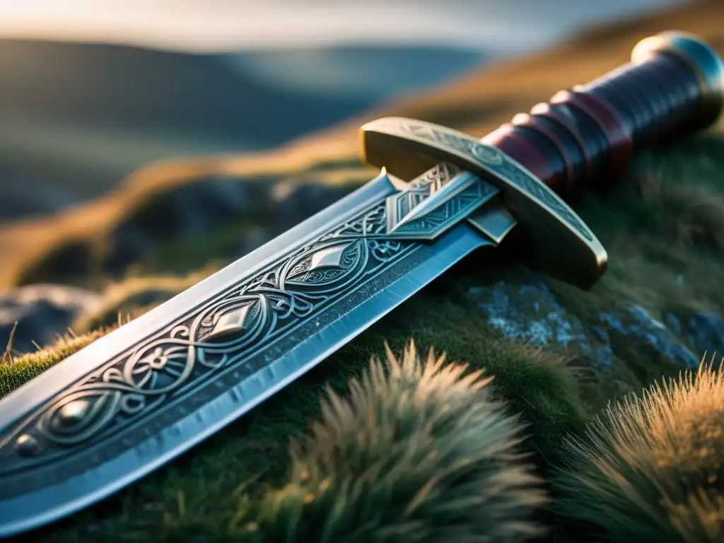 Espada vikinga artesanal en paisaje nórdico Una espada vikinga bien conservada con intrincados patrones y runas