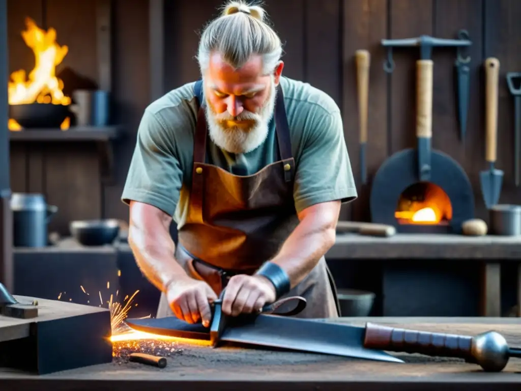 Hábil herrero forja espada vikinga en taller; destellos y herramientas rodean la escena