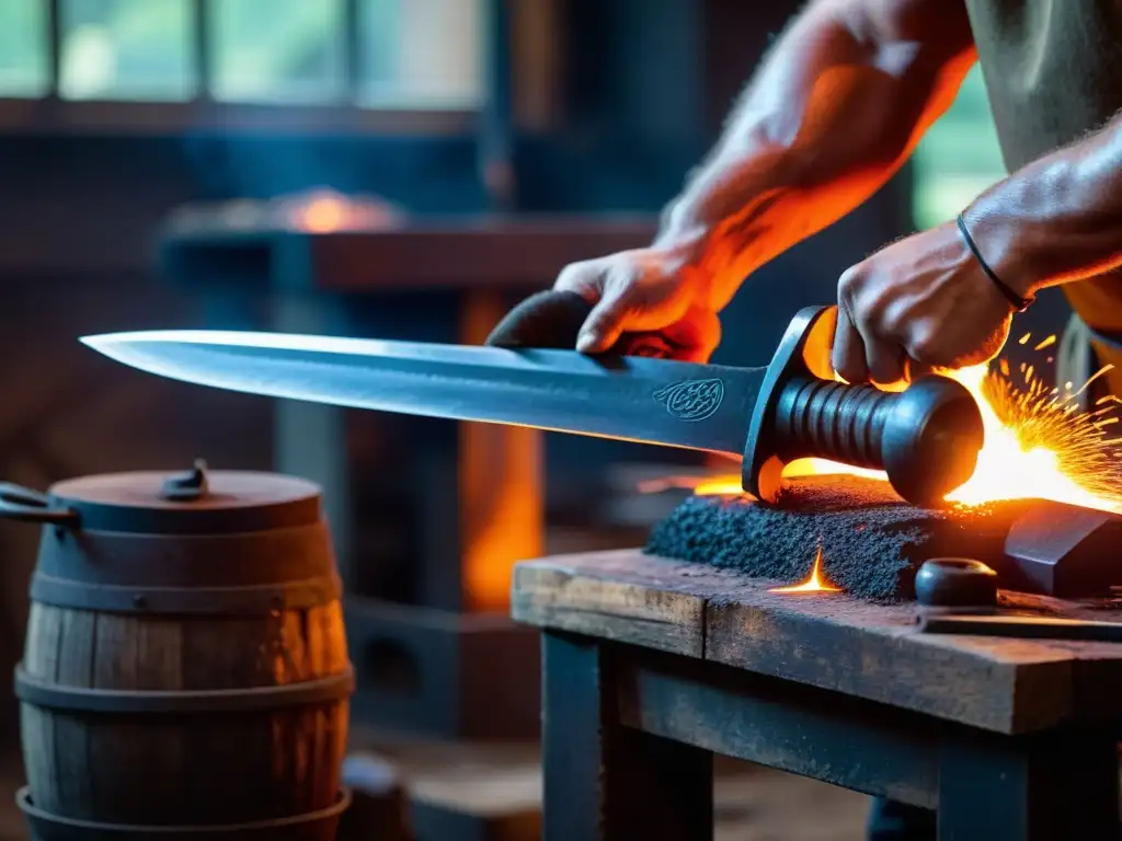 Forjando una espada vikinga en un taller de herrería, mostrando la intensidad del fuego y el metal al rojo vivo, con destreza y precisión