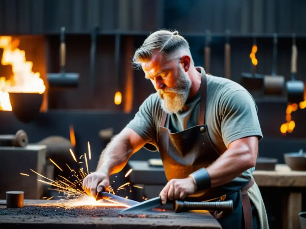 Un hábil herrero forjando una espada vikinga en su taller, rodeado de fuego y herramientas, en una escena de artesanía y pasión