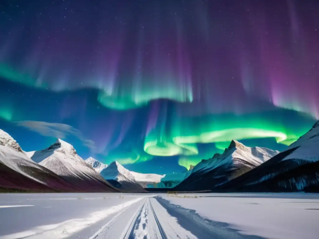 Espectacular aurora boreal iluminando la noche sobre paisaje nevado en Laponia, evocando la mitología vikinga