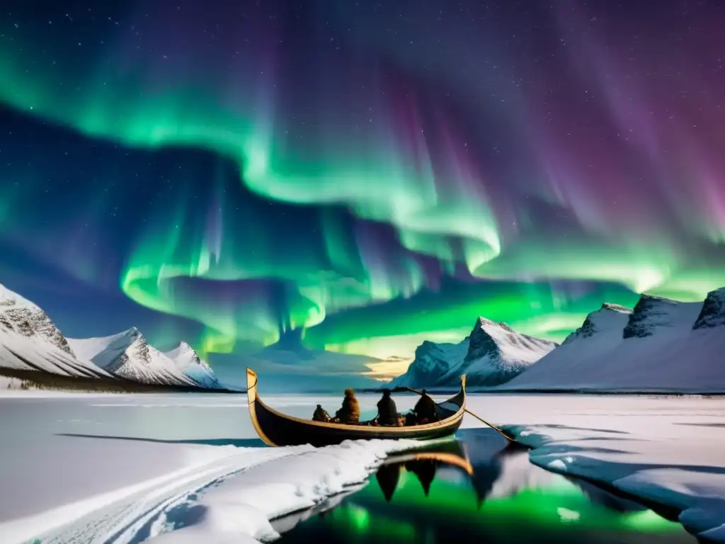 Espectacular aurora boreal iluminando un paisaje nevado con un barco vikingo, evocando la mitología nórdica y la literatura contemporánea