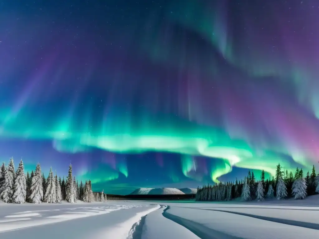 Espectacular aurora boreal iluminando un paisaje nórdico remoto, reflejándose en un lago con árboles altos