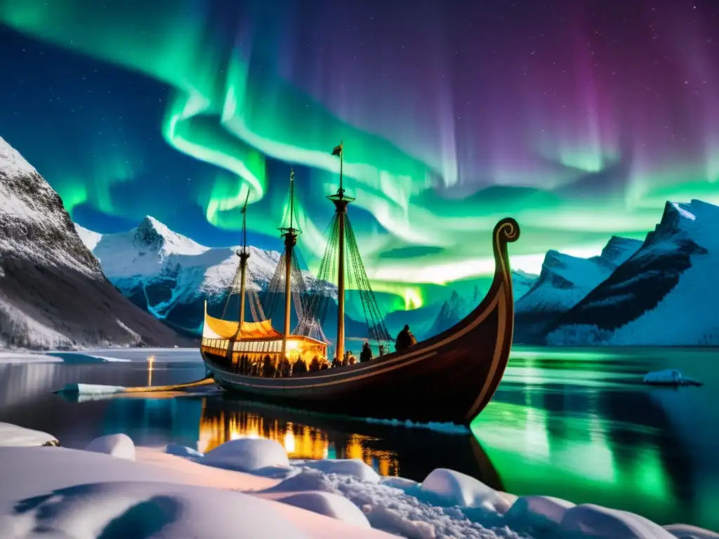 Espectacular barco vikingo bajo auroras boreales en fiordo nevado, con tallados de dioses nórdicos como Odín