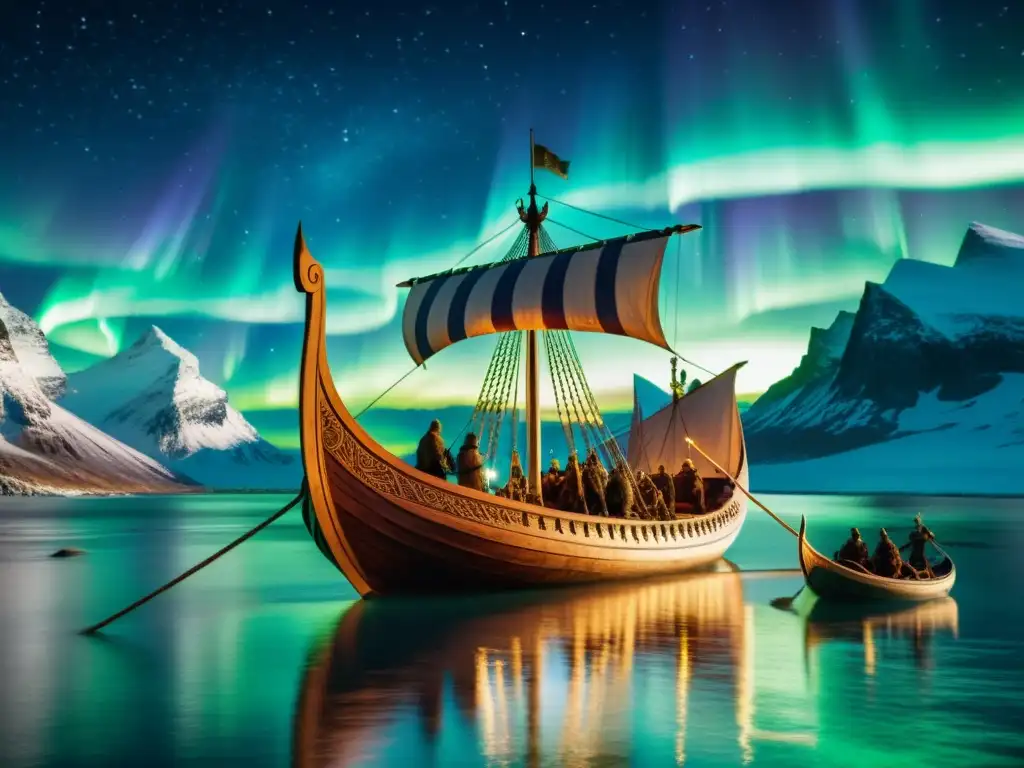 Un espectacular longship vikingo navegando hacia el majestuoso Valhalla bajo las Luces del Norte