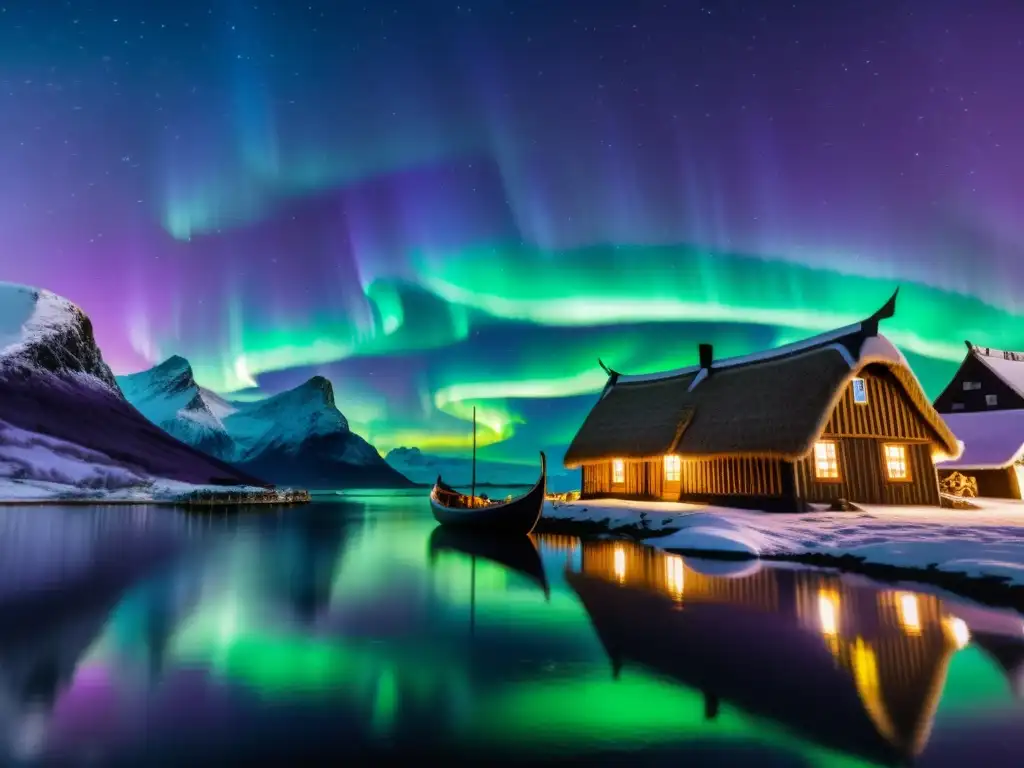 Espectacular noche estrellada sobre aldea vikinga con auroras boreales y barco vikingo