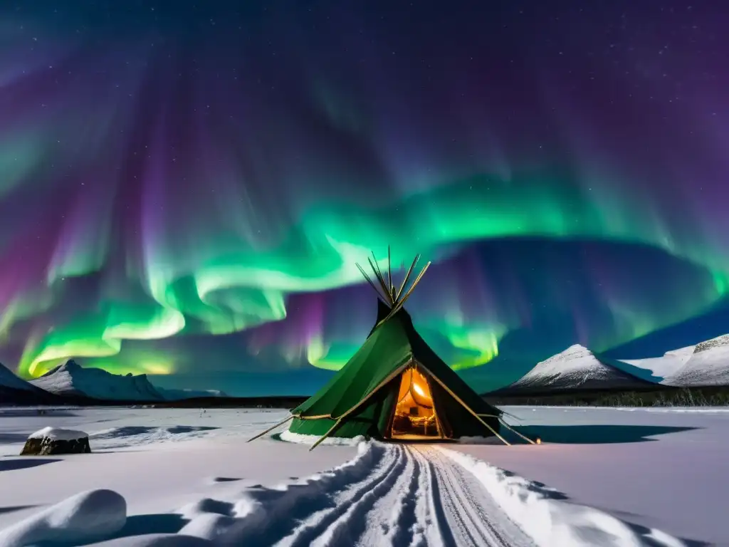 Un espectáculo místico de Auroras Boreales iluminando una tienda Sami y un barco vikingo bajo el cielo estrellado