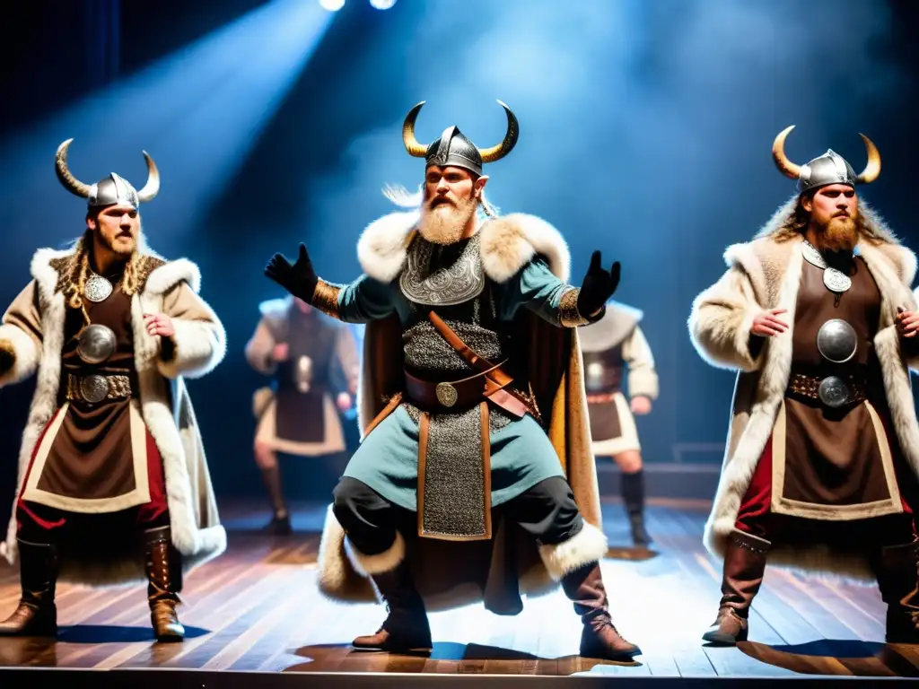 Espectáculo de música vikinga contemporánea: Grupo en trajes vikingos danzan bajo luz dramática, rodeados de público asombrado y aplaudiendo