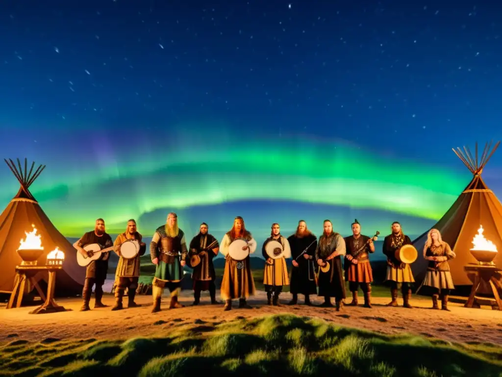 Espectáculo de música vikinga contemporánea bajo la aurora boreal, fusión de tradición y modernidad en una atmósfera mística