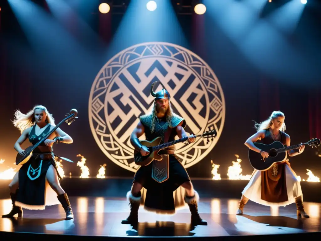 Espectáculo de música vikinga contemporánea con músicos y bailarines en escenario con símbolos nórdicos y vestimenta vikinga