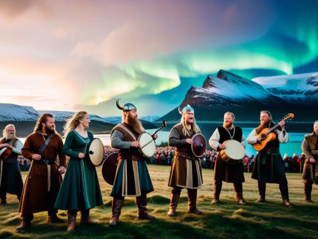 Espectáculo de música vikinga contemporánea en paisajes nórdicos salvajes con auroras boreales, músicos y multitud animada