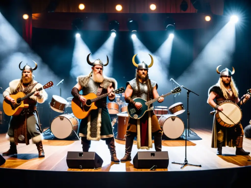 Espectáculo de música vikinga contemporánea en vivo con músicos vestidos con atuendos tradicionales y rodeados de instrumentos vikingos