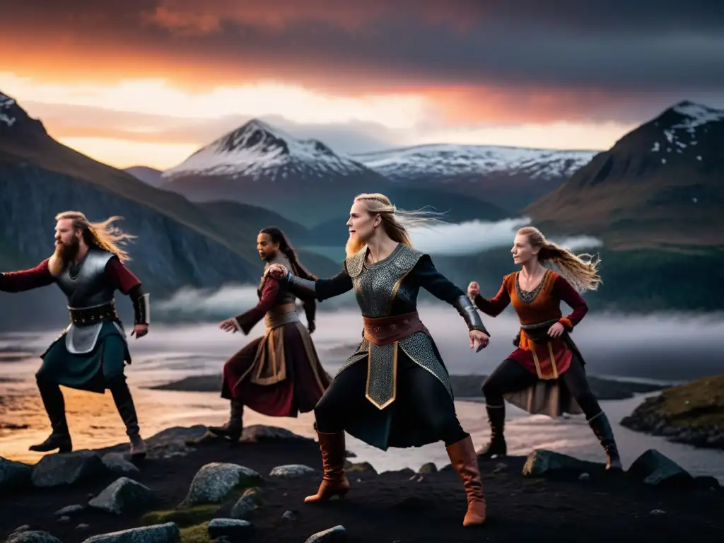 Espectáculos de música vikinga contemporánea: Danza épica en escenario oscuro con vestimenta detallada inspirada en los vikingos