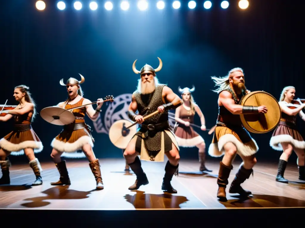 Espectáculos de música vikinga contemporánea: Grupo musical vikingo y bailarines en escenario iluminado con runas y artefactos vikingos