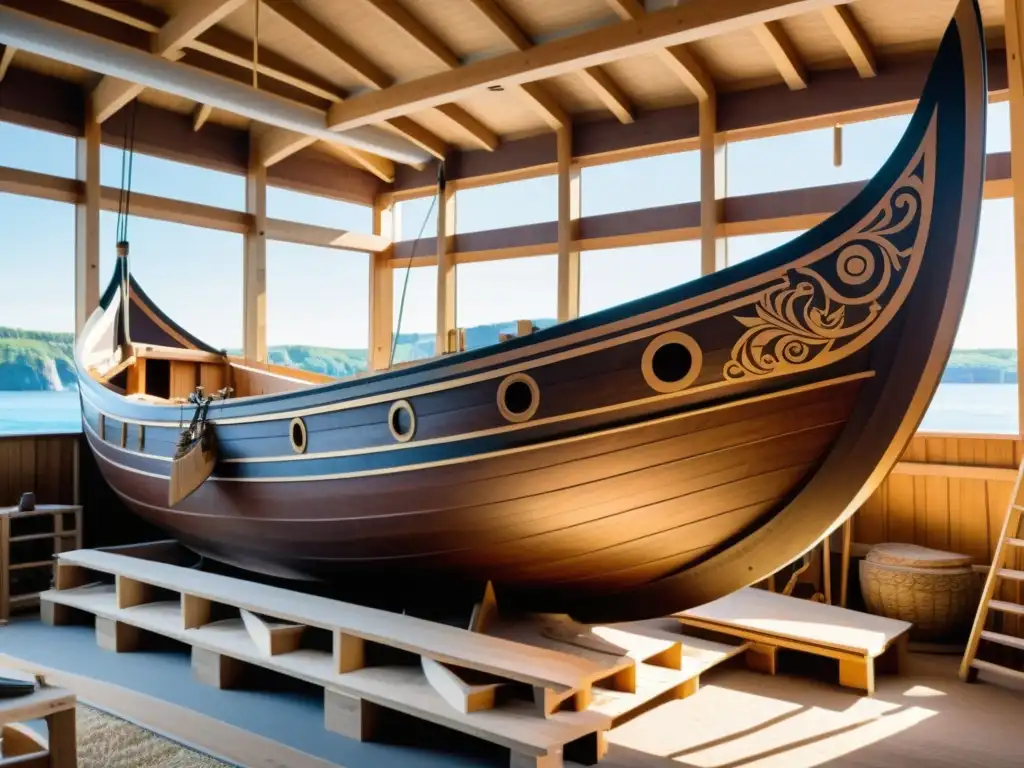 Esqueleto de barcos vikingos diseño: Artesanos tallan un barco vikingo con dragones decorativos bajo el sol nórdico