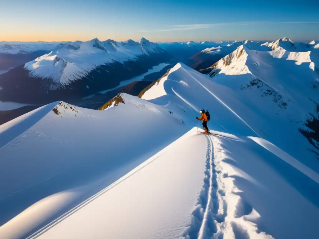 Un esquiador solitario desciende una montaña nevada al atardecer, evocando la esencia del Dios Ullr esquí caza mayor