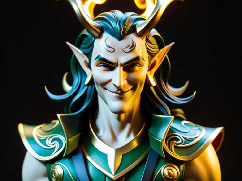 Una estatua detallada de Loki con una sonrisa pícara y ojos penetrantes, en un fondo oscuro