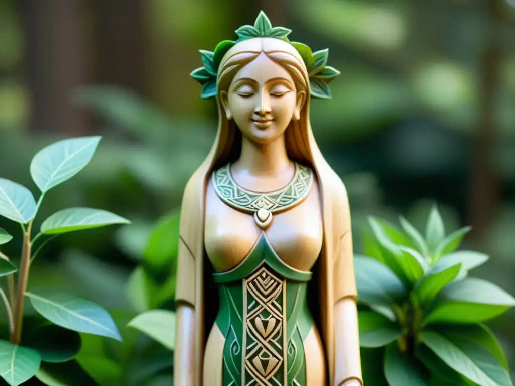 Estatua de madera de Eir, diosa nórdica de la sanación, en el bosque Estátua de madera de Eir, diosa vikinga, en bosque verde