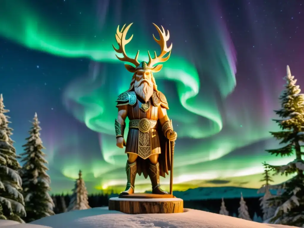 Estatua de madera de Odín en el bosque nórdico bajo la aurora boreal