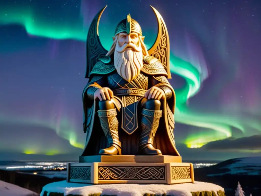 Estatuaria Vikinga con significado espiritual: Odin con su lanza y cuervos, observando aldea vikinga bajo auroras boreales al anochecer