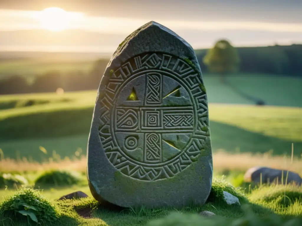 Runa vikinga: misterio y gloria en 8K Estela rúnica vikinga en campo verde al atardecer, con inscripciones y vestigios históricos