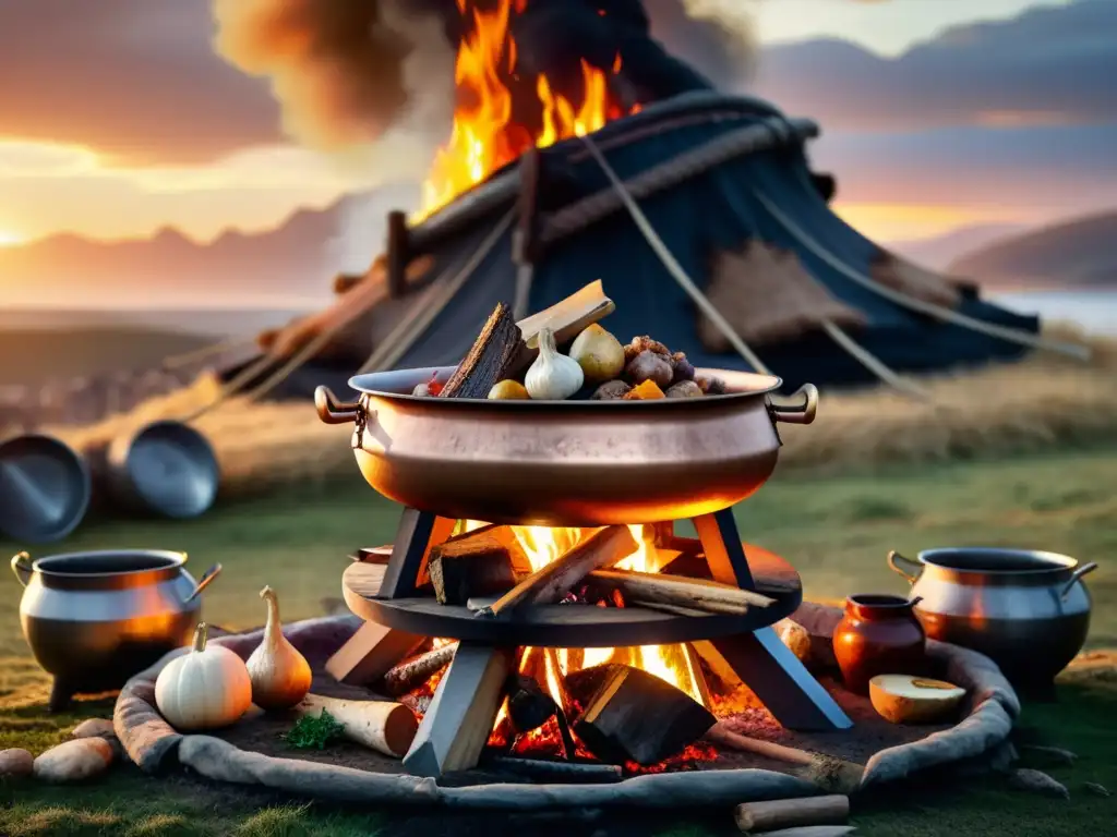 Un estofado vikingo auténtico con ingredientes rústicos, guerreros vikingos y un atardecer dramático