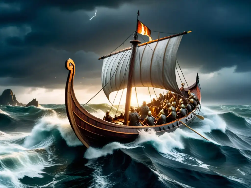 Estrategia de guerra vikinga actualizada: Vikingos navegando en tormentosa travesía, enfrentando la furia del mar y del cielo