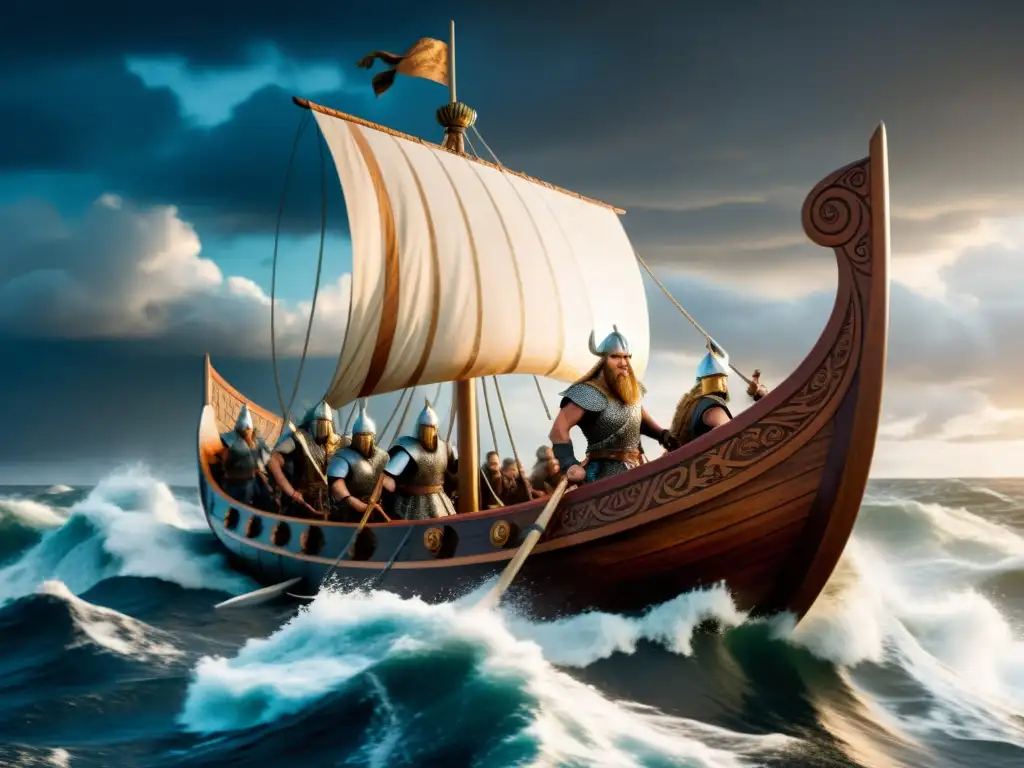 Estrategias líderes vikingos Civilization VI: Vikingos navegando en un barco por mares turbulentos, listos para la batalla