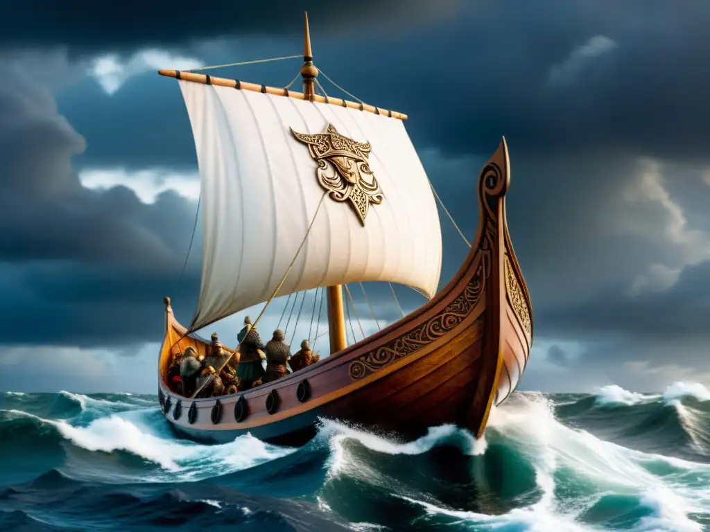 Estrategias vikingas para el manejo de los suelos tormentosos del mar, con un barco vikingo surcando las aguas bravías