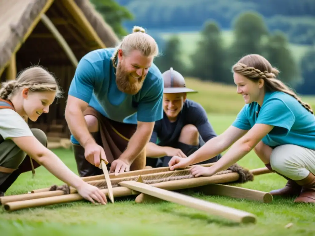 Estudiantes entusiastas recrean una casa vikinga en un taller educativo al aire libre