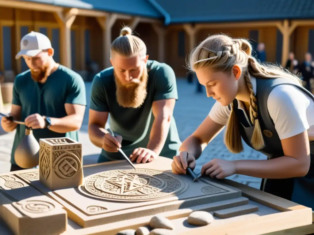 Estudiantes esculpen esculturas vikingas detalladas en un curso de arquitectura vikinga escultura, con expresiones creativas y enfoque