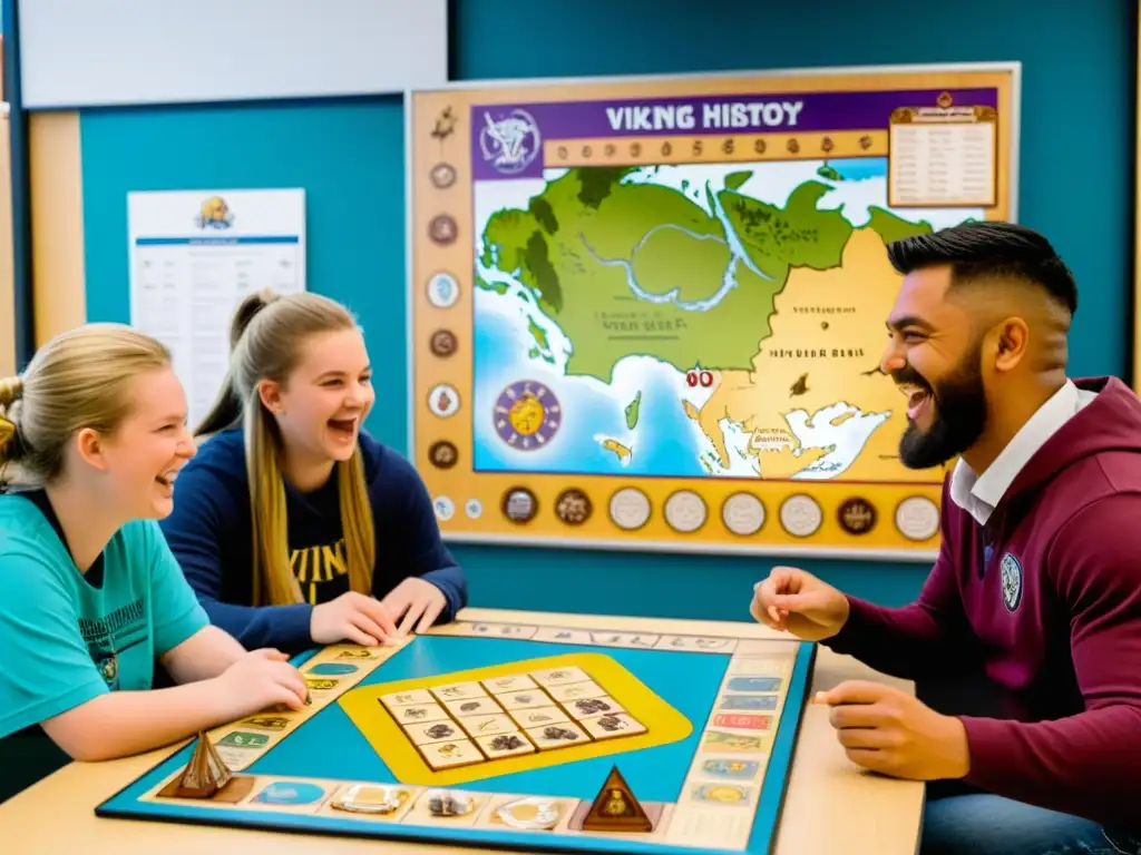 Estudiantes inmersos en un juego de mesa vikingo educativo en un aula decorada con historia y mitología vikinga