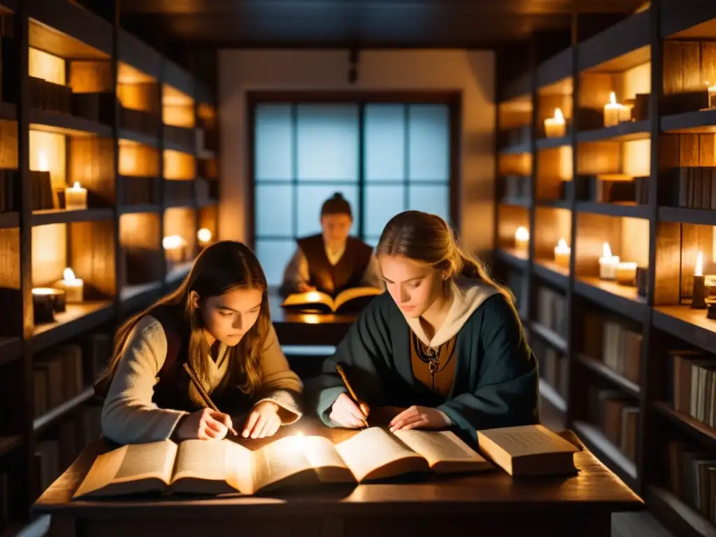 Estudiantes inmersos en manuscritos vikingos en aula misteriosa iluminada por velas