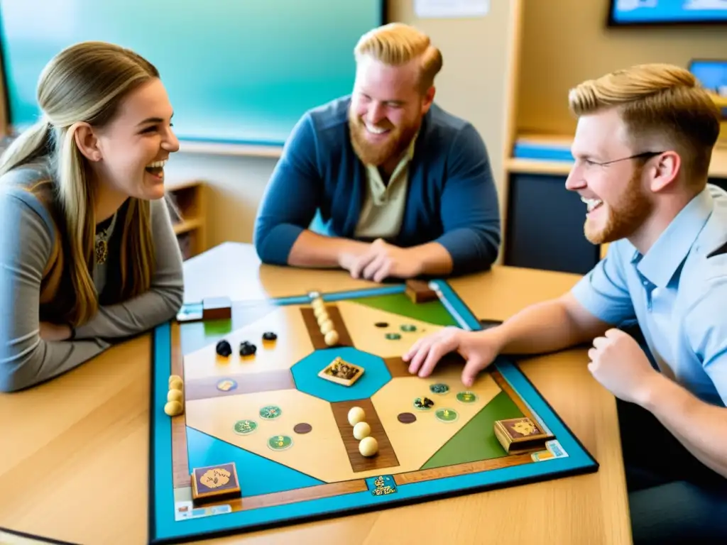 Estudiantes disfrutan juegos de mesa vikingos educativos en aula escolar