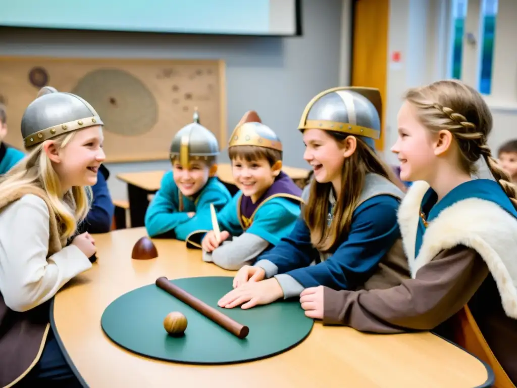 Estudiantes aprendiendo sobre vikingos en el aula con actividades interactivas y vestimenta vikinga