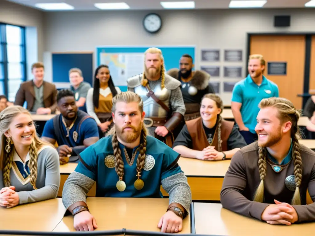 Estudiantes vikingos inmersos en la educación moderna, discutiendo en un aula con decoración vikinga