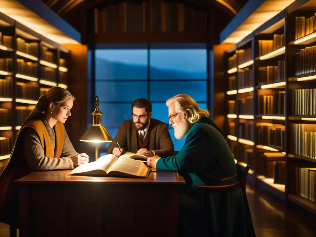 Estudio antigua lengua nórdica sagas: Académicos en biblioteca iluminada, interpretando manuscritos nórdicos