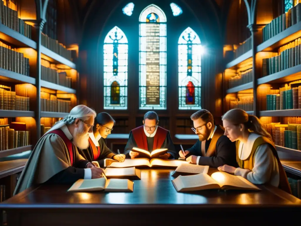 Estudio de filología nórdica avances: Académicos investigando antiguos manuscritos nórdicos en biblioteca iluminada con luz solar